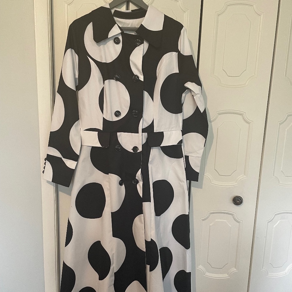 Mislook long black/white polka dot trench coat/dress, NWOT, L, mint, cotton.